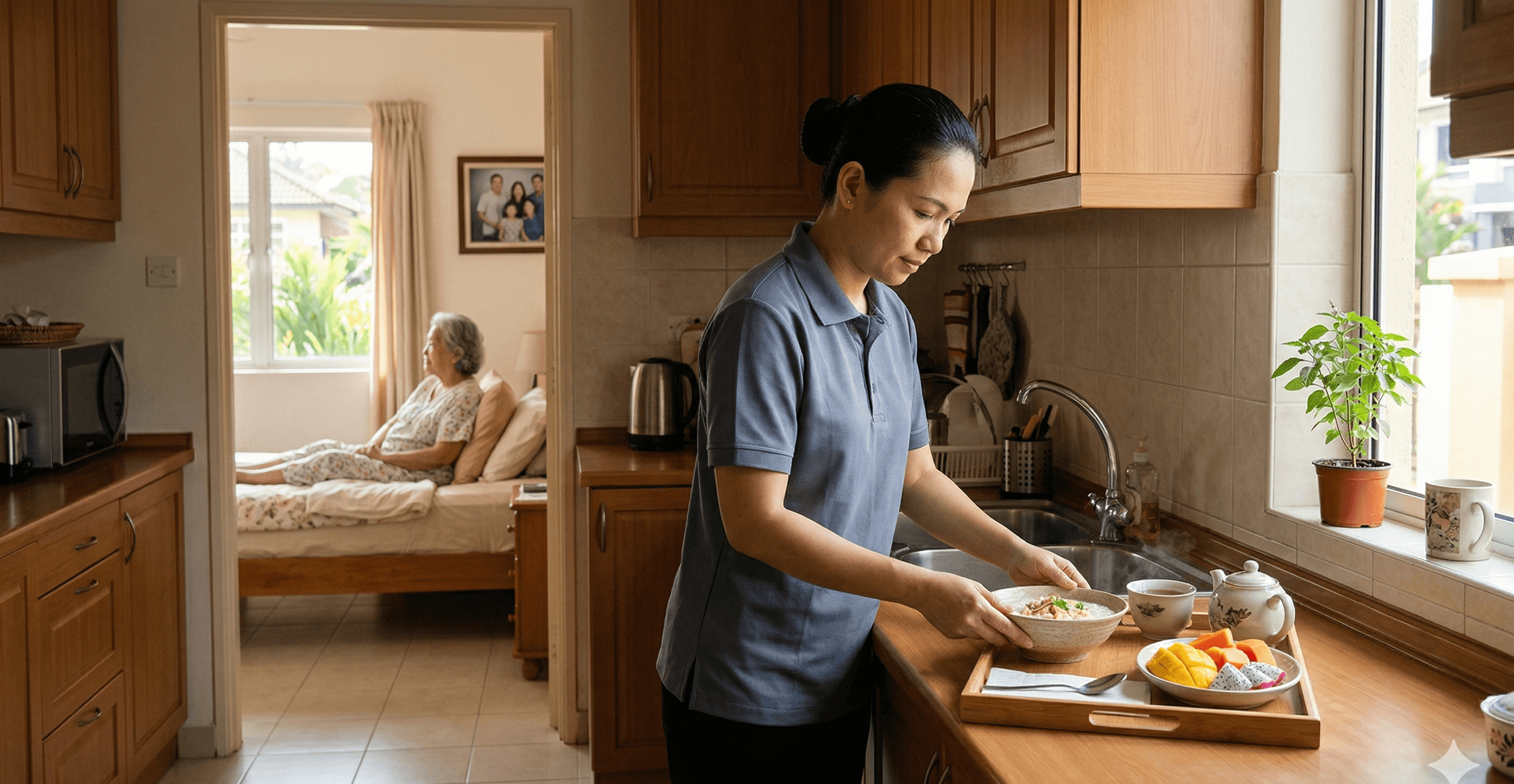 Caregiver preparing food for elderly person