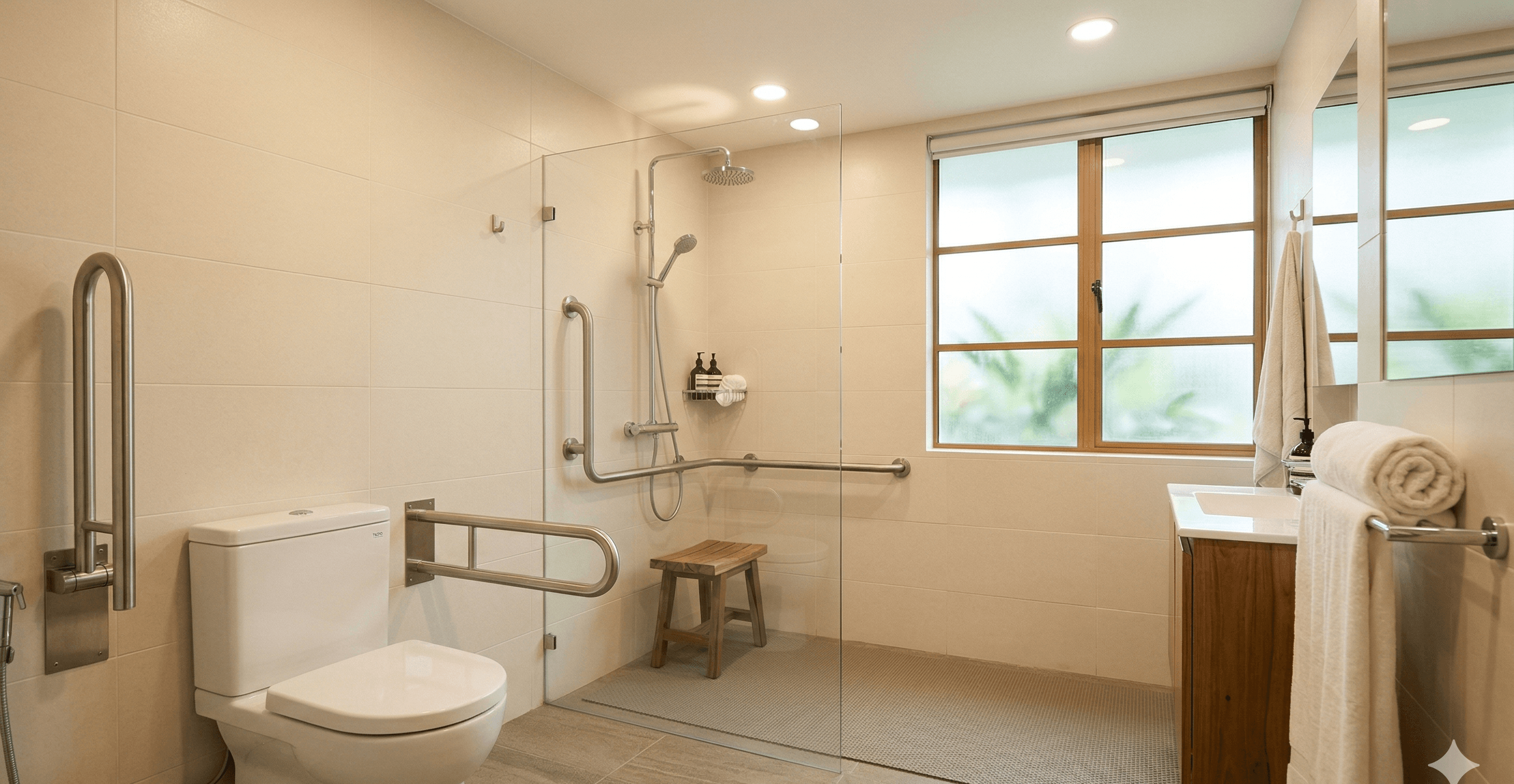 Accessible bathroom with grab bars and anti-slip mats